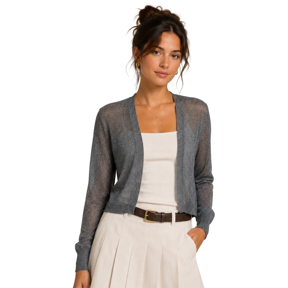 Reiss Cardigan Small Gray Coralie Metallic Open Front Sparkle Bolero Sheer‎ NWT